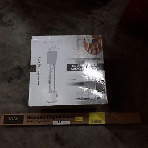 PALLET OF ASSORTED HOUSEHOLD GOODS AND PRODUCT TO INCLUDE; MULTIFUNCTIONAL GARMENT STEAMER, WOODEN TRIPOD EASEL ETC