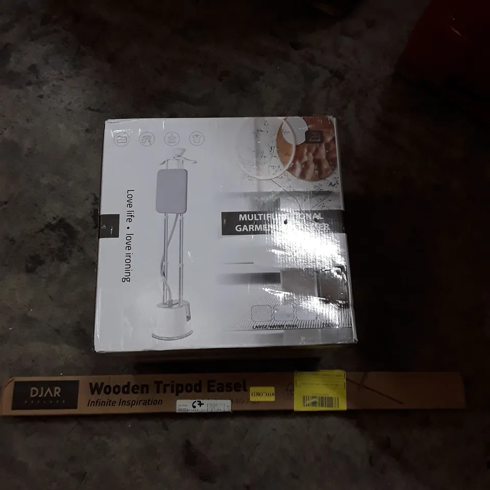 PALLET OF ASSORTED HOUSEHOLD GOODS AND PRODUCT TO INCLUDE; MULTIFUNCTIONAL GARMENT STEAMER, WOODEN TRIPOD EASEL ETC