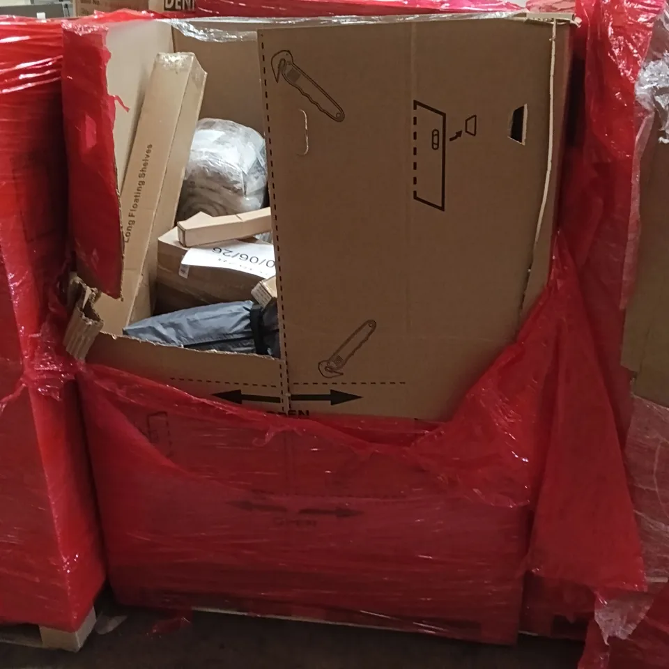 PALLET OF ASSORTED HOUSEHOLD GOODS AND PRODUCTS TO INCLUDE; POP UP TENT, FLOATING SHELF, BOXED FURNITURE ETC