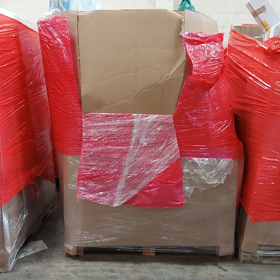 PALLET OF ASSORTED ITEMS INCLUDING: SHARP MICROWAVE, BAR CHAIR, PAPER SHREDDER, EASEL STUDIO TV FLOOR STAND, KID'S NERF STYLE TOY GUN, PLAY MAT