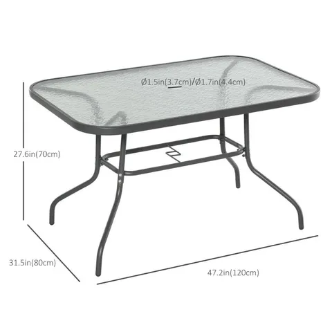 BOXED OUTSUNNY GARDEN DINING TABLE GLASS TOP METAL FRAME WITH PARASOL HOLE, GREY 120L X 80WCM
