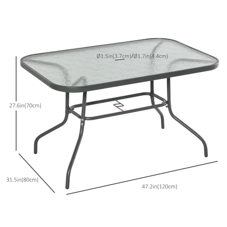 BOXED OUTSUNNY GARDEN DINING TABLE GLASS TOP METAL FRAME WITH PARASOL HOLE, GREY 120L X 80WCM