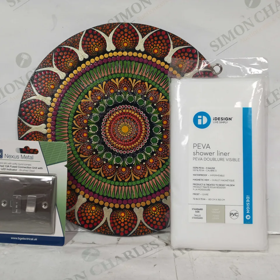 BOX OF APPROXIMATELY 15 ASSORTED HOUSEHOLD ITEMS TO INCLUDE PEVA SHOWER LINER, NEXUS METAL SWITCHED 13A FUSED CONNECTION UNIT, ETC