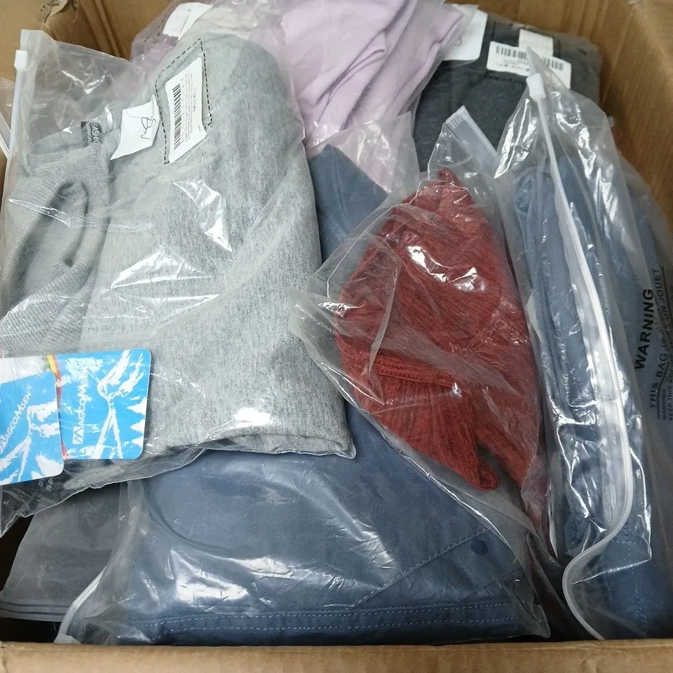 BOX OF APPROXIMATELY 50 ASSORTED MENS POLO SHIRTS AND SHORTS INCLUDING KEFITEND , MAGCOMSEN 