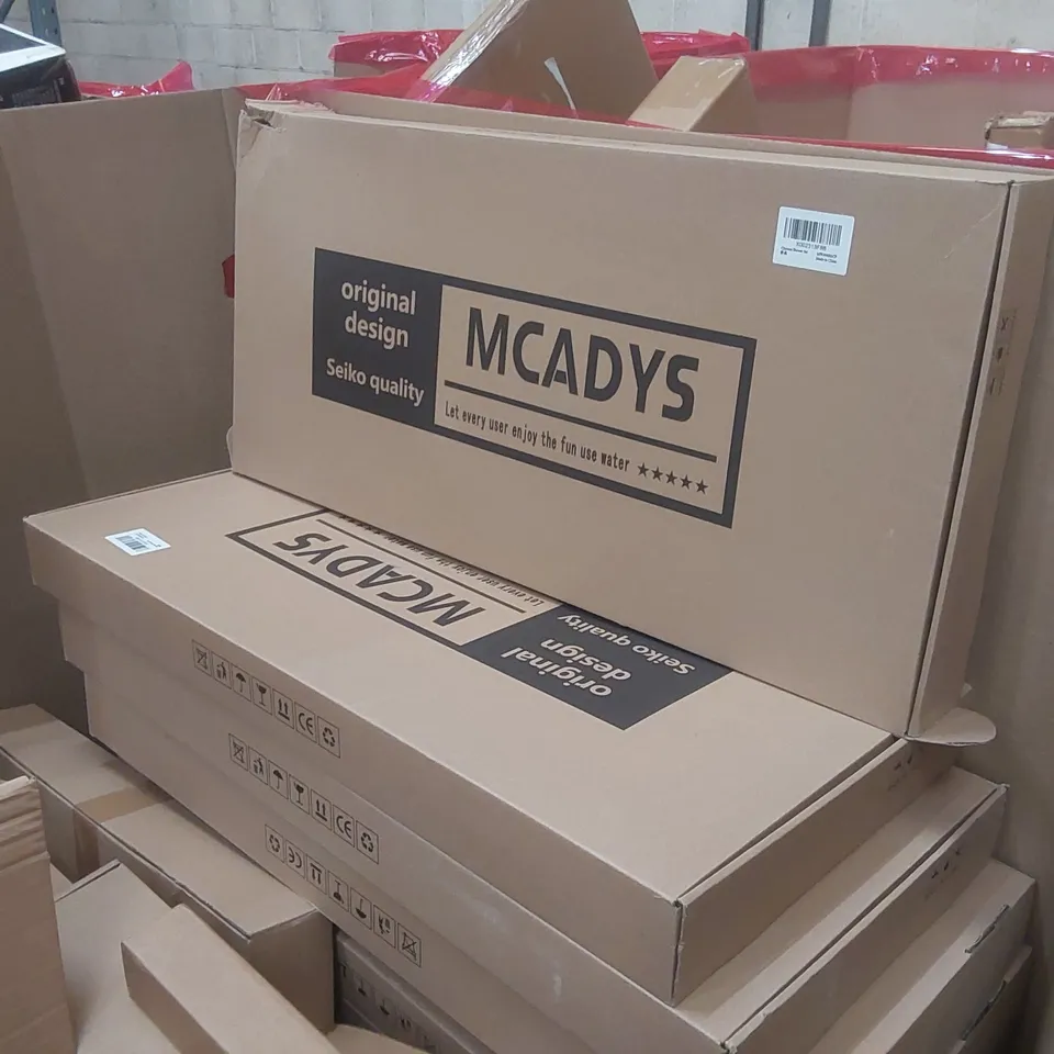 PALLET CONTAINING A LARGE QUANTITY OF MCADYS CHROME SHOWER SETS, FONTEVIVA MINERAL WATER AND OTHER ASSORTED ITEMS INCLUDING: CRAFTSMAN TRADE STACK TOOL CHEST, FISHER-PRICE BABY GYM ECT