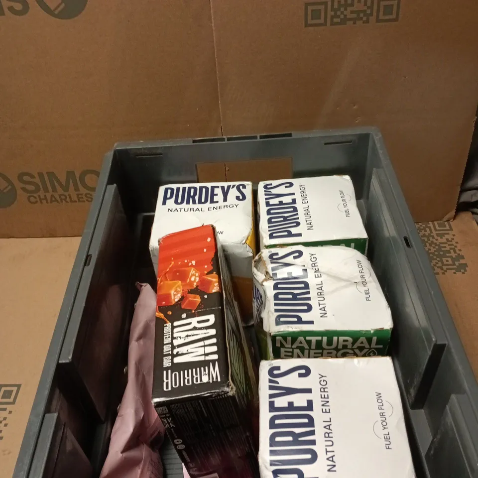 APPROXIMATELY 7 ASSORTED FOOD & DRINK ITEMS INCLUDING PURDEYS NATURAL ENERGY DRINK AND WARRIOR RAW PROTEIN OAT BAR 