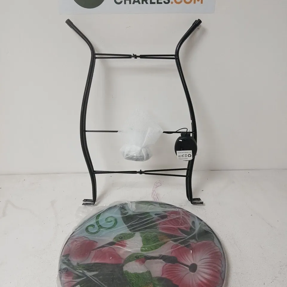 ROUND FLORAL-PATTERNED GLASS GARDEN TABLE TOP WITH BLACK METAL STAND