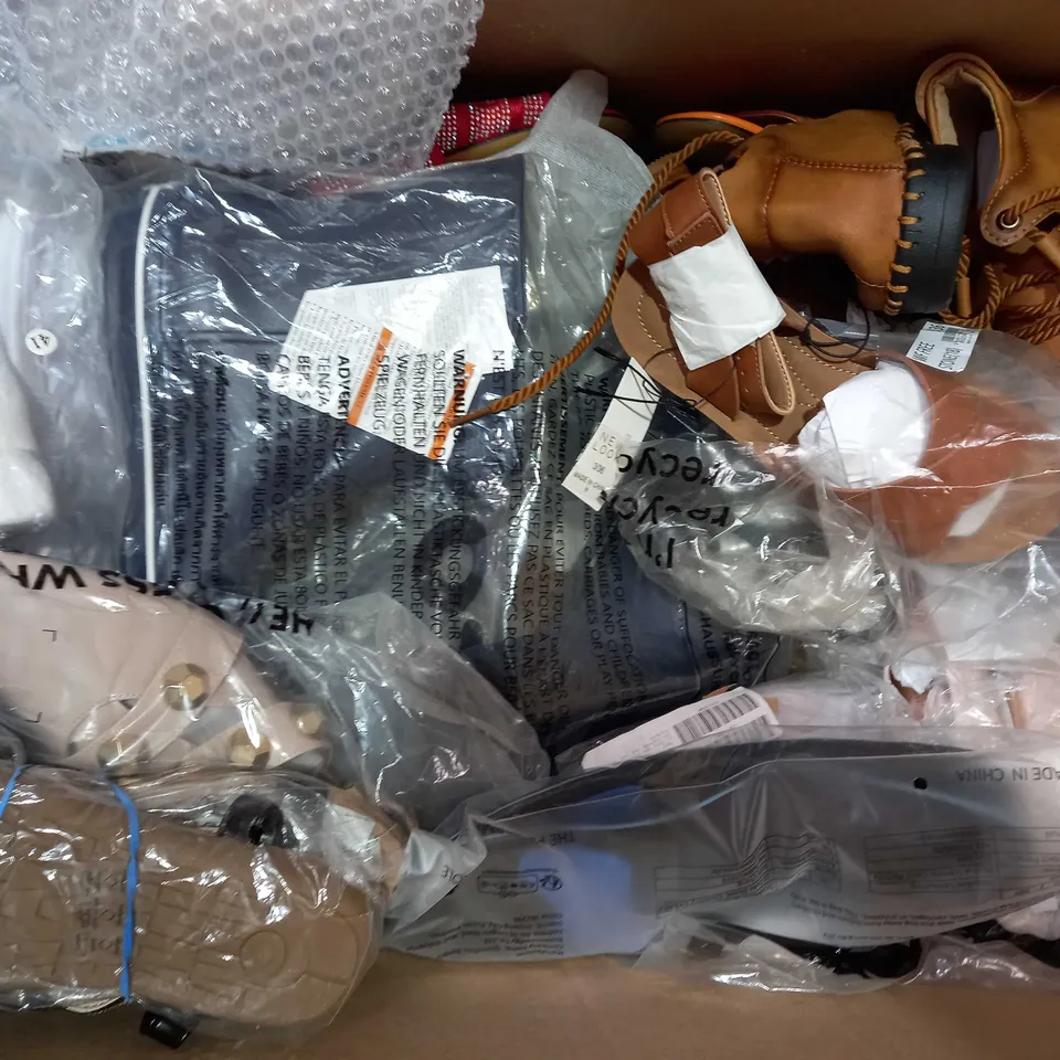 BOX OF APPROXIMATELY 15 ASSORTED PAIRS OF SHOES AND FOOTWEAR ITEMS IN VARIOUS STYLES AND SIZES TO INCLUDE PRIMARK, TED BAKER, SEDAGYL, ETC