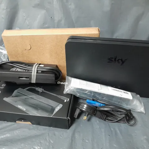 APPROXIMATELY 8 ASSORTED HOUSEHOLD ITEMS TO INCLUDE SKY BOX, CABLES, GO USB-C DOCK, ETC