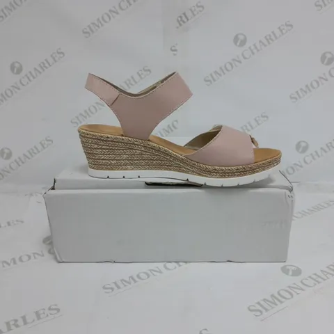 BOXED PAIR OF RIEKER WEDGE SANDALS WITH BUTTON DETAIL IN PINK SIZE 6