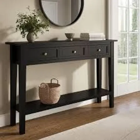 BOXED LARGE NARROW CONSOLE TABLE IN BLACK WOOD WITH DRAWERS - ELMS SKU: ELM011A 