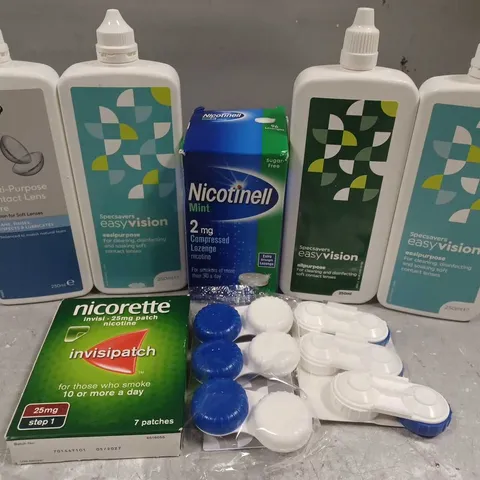 APPROX 25 ASSORTED HEALTHCARE PRODUCTS TO INCLUDE NICORETTE GUM, CONTACT LENSES, LENSE SOLUTION	