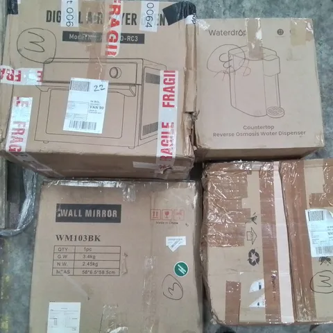 PALLET TO CONTAIN AN ASSORTMENT OF HOUSEHOLD ITEMS TO INCLUDE AIR FRYER, WALL MIRROR, HOT WATER DISPENSER AND MASSAGE CHAIR ECT