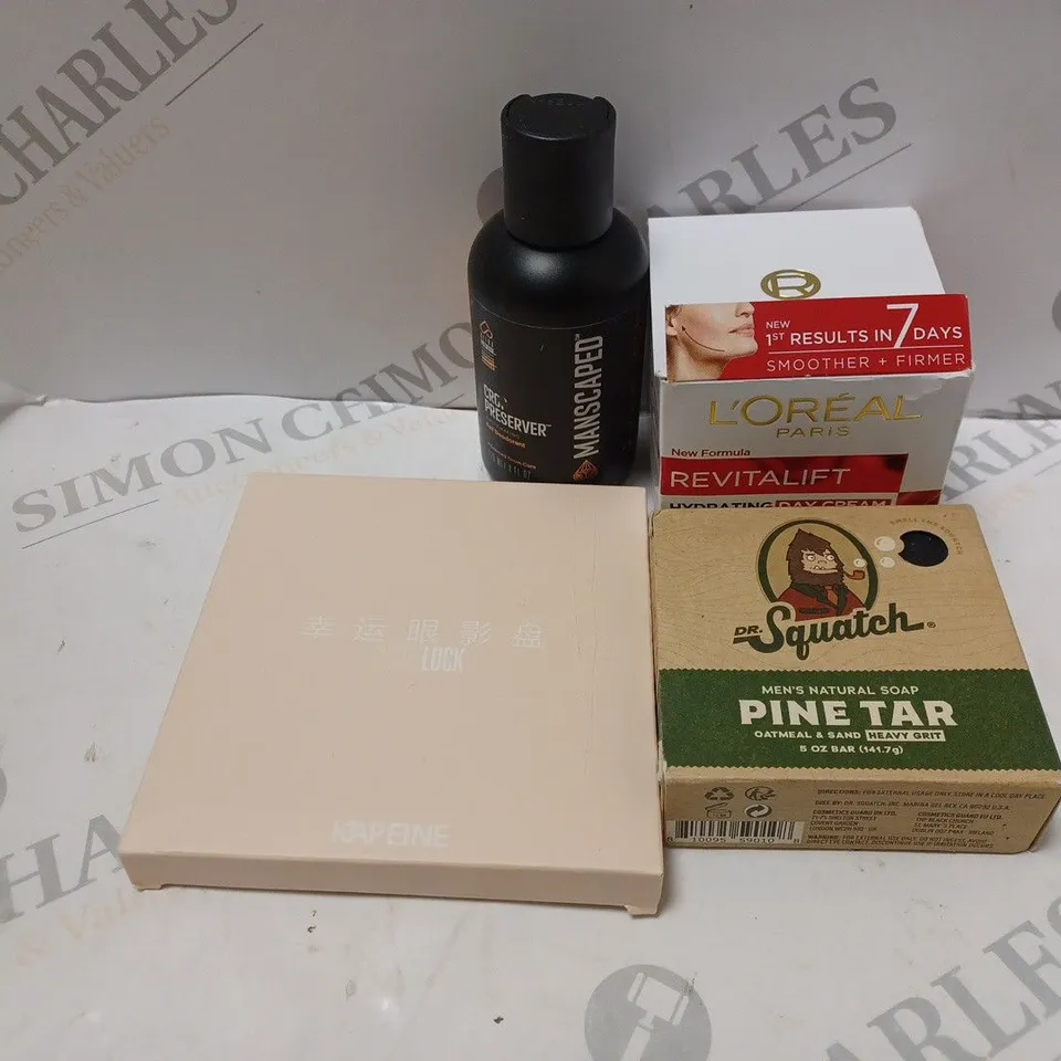 BOX OF APPROXIMATELY 20 ASSORTED COSMETIC PRODUCTS TO INCLUDE L'OREAL, DR. SQUATCH, LUCK, MANSCAPED, ETC