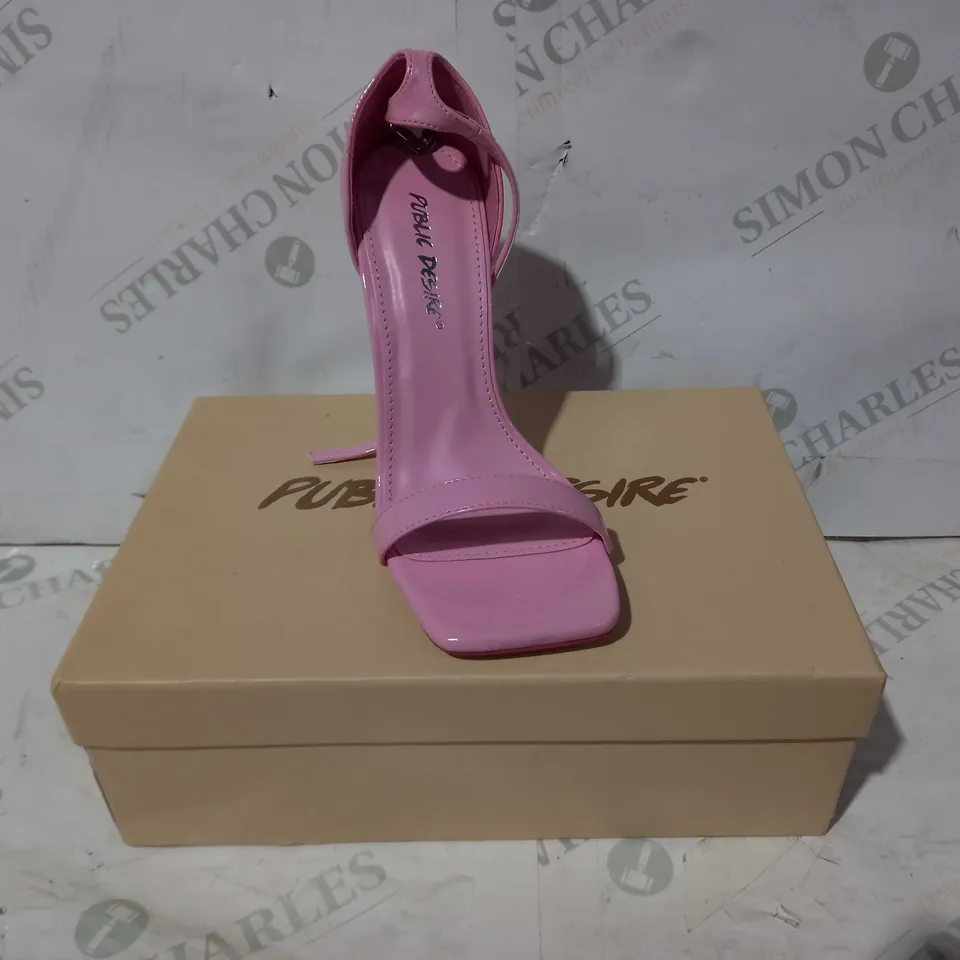 BOXED PAIR OF PUBLIC DESIRE STILETTO HEELED SANDALS IN PINK UK SIZE 3