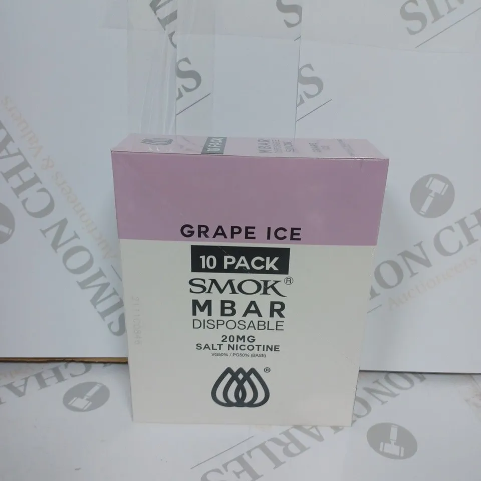 BOX OF APPROXIMATELY 10 BOXES OF GRAPE ICE  10 PACK SMOK M BAR DISPOSABLE 20MG SALT NICOTINE