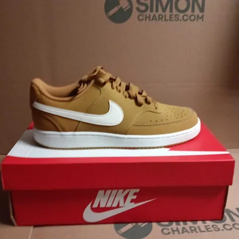 NIKE TRAINERS – TAN NUBUCK WITH WHITE SWOOSH SIZE 8