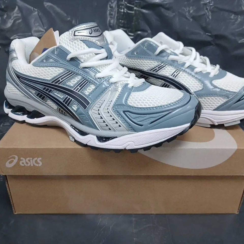 BOXED PAIR OF ASICS GEL-KAYANO 14 TRAINERS IN WHITE/GREY SIZE UK 9