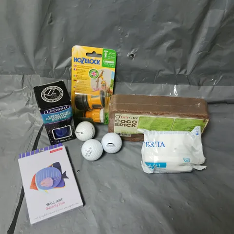 APPROXIMATELY 12 ASSORTED HOUSEHOLD ITEMS TO INCLUDE GOLF BALLS, COCO BRICK, TAP CONNECTOR, ETC