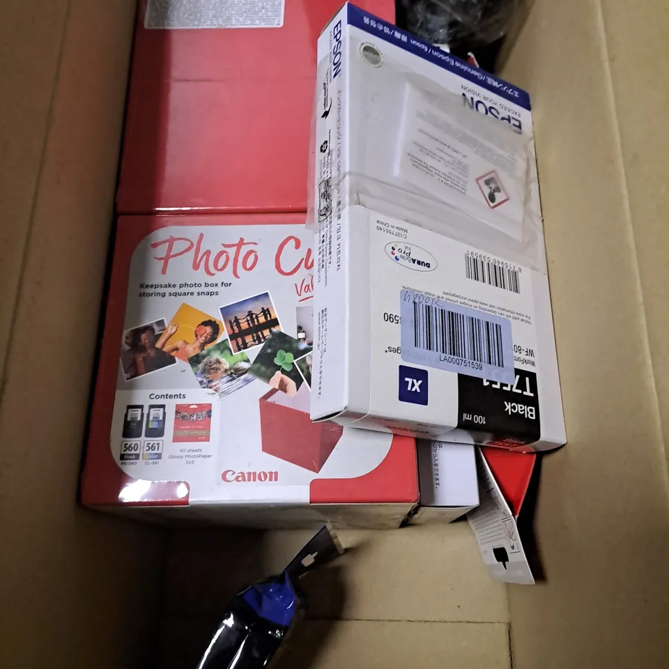 BOX OF APPOXIMATELY 12 ASSORTED ITEMS TO INCLUDE - PHOTO CUBE , EPSON YELLOW T0394 , BROTHER PC-72RF REFILL ROLLS ETC