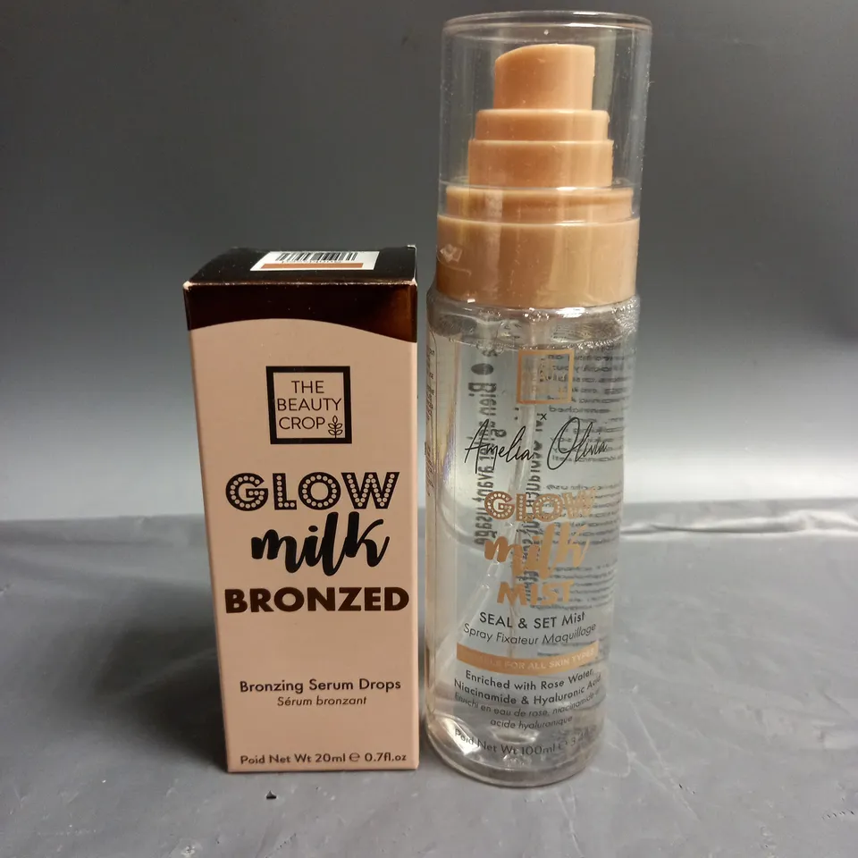 BOXED AND SEALED SET OF 2 THE BEAUTY CROP INCLUDING GLOW MILK BRONZING SERUM IN SHADE SUNKISSED (20ML) AND GLOW MILK SETTING MIST (100ML)