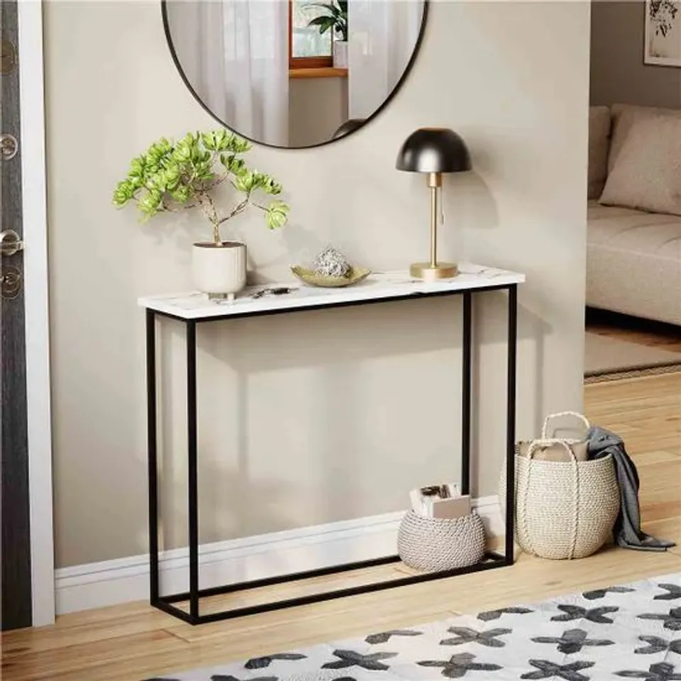 BOXED VIDA DESIGNS CONSOLE TABLE WITH METAL LEG, WHITE MARBLE & BLACK (1 BOX)
