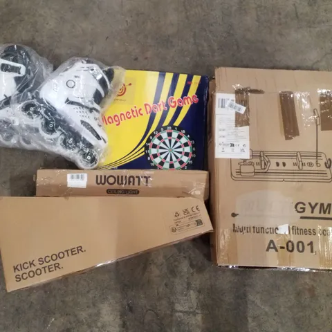 PALLET CONTAINING ASSORTED PRODUCTS INCLUDING MULTI-FUNCTIONAL FITNESS BOARD, KICK SCOOTER, CEILING LIGHT, MAGNETIC DART GAME, ROLLERSKATES