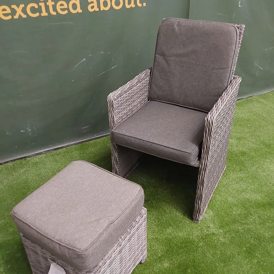 DESIGNER GREY RATTAN CUBE CHAIR WITH FOOTSTOOL AND CUSHIONS 