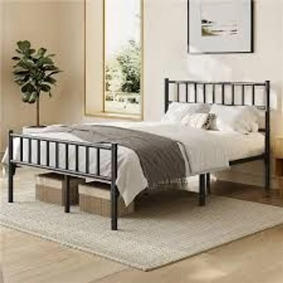 YAHEETECH DOUBLE METAL BED FRAME 4FT6 MODERN STYLE BED WITH HEADBOARD AND FOOTBOARD, SOLID SLATTED BED BASE BLACK