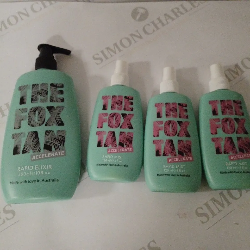 LOT OF 4 THE FOX TAN ITEMS TO INCLUDE RAPID MIST AND RAPID ELIXIR