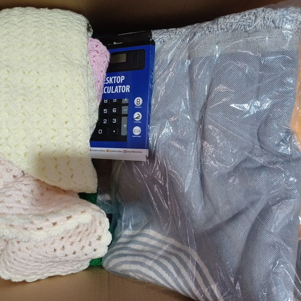 BOX OF APPROXIMATELY 10 ASSORTED HOUSEHOLD ITEMS TO INCLUDE BACK CUSHION, DESKTOP CALCULATOR, ETC