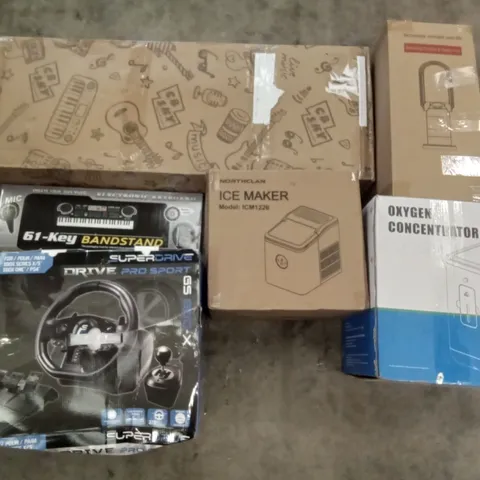 PALLET OF ASSORTED ITEMS INCLUDING NORTHCLAN ICE MAKER, OXYGEN CONCENTRATOR, BLADELESS PURIFIER & HEATER FAN, 61 KEY BANDSTAND, SUPERDRIVE DRIVING GAME CONTROLS, CB SKY KIDS GUITAR
