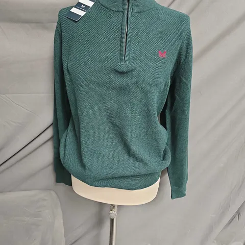 CREW CLOTHING COMPANY MOSS STICH HALF ZIP SWEATER BOTTLE GREEN SIZE M 