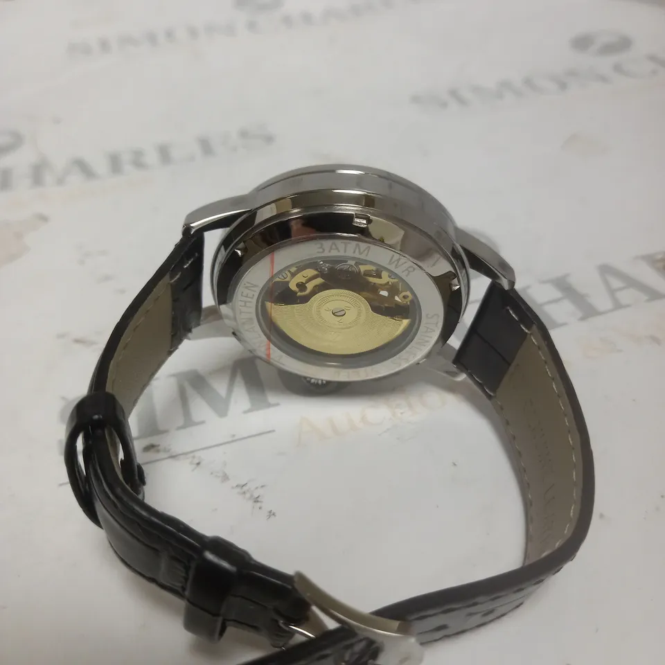 MENS VONLANTHEN AUTOMATIC WATCH – SILVER AND BLUE TEXTURED DIAL – SILVER COLOUR CASE - GLASS EXHIBITION BACKCASE – BLACK LEATHER STRAP