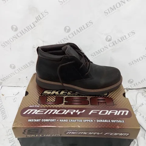 BOXED SKECHERS USA LEATHER BOOTS, CHOCOLATE - SIZE 9