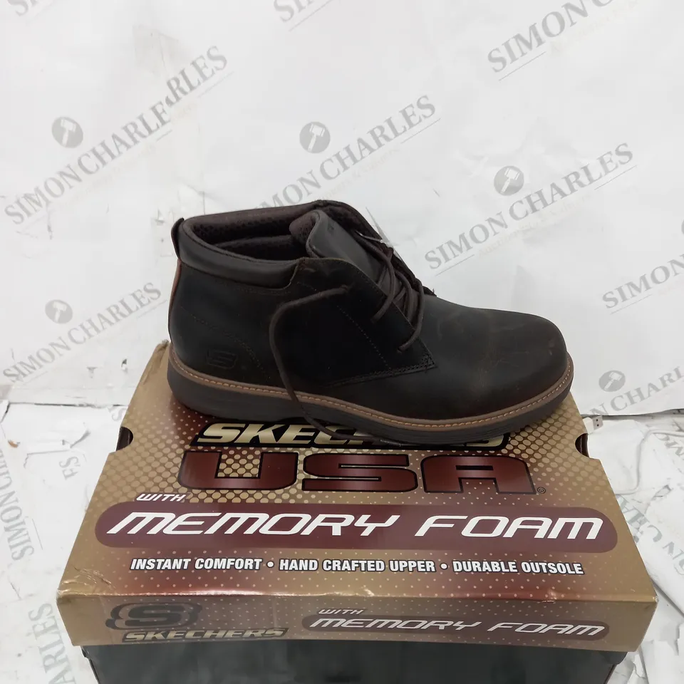 BOXED SKECHERS USA LEATHER BOOTS, CHOCOLATE - SIZE 9