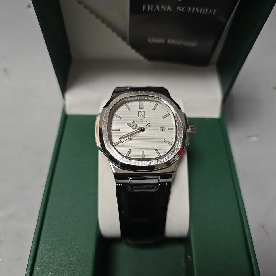 FRANK SCHMIDT WATCH – TEXTURED DIAL WITH DATE – LEATHER STRAP- 3ATM WATER RESISTANT – GIFT BOX