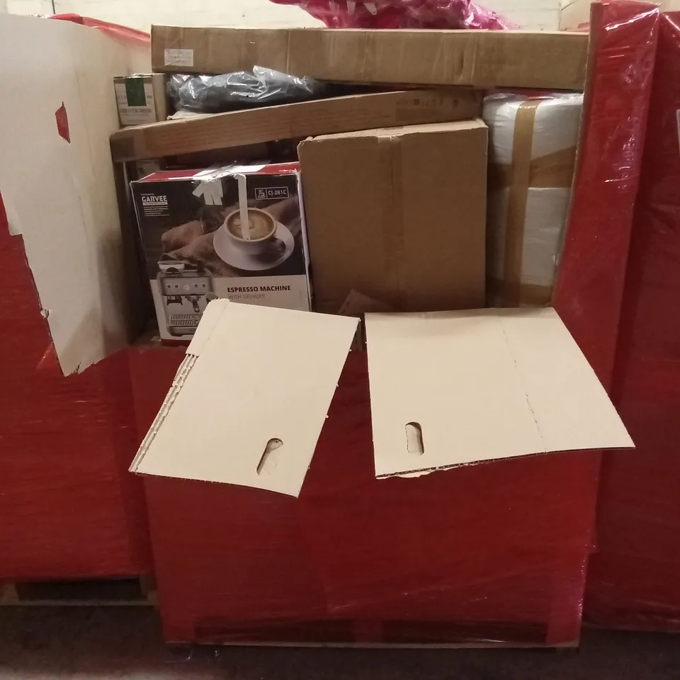 PALLET OF ASSORTED HOUSEHOLD GOODS AND PRODUCTS TO INCLUDE; COFFEE MACHINE, COMPUTER MONITOR, BOXED FURNITURE ETC