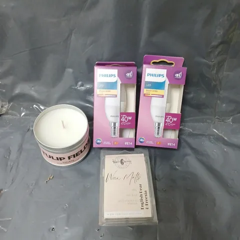 BOX OF APPROXIMATELY 15 ASSORTED HOUSEHOLD ITEMS TO INCLUDE LIGHT BULBS, WAX MELTS AND SCENTED CANDLE