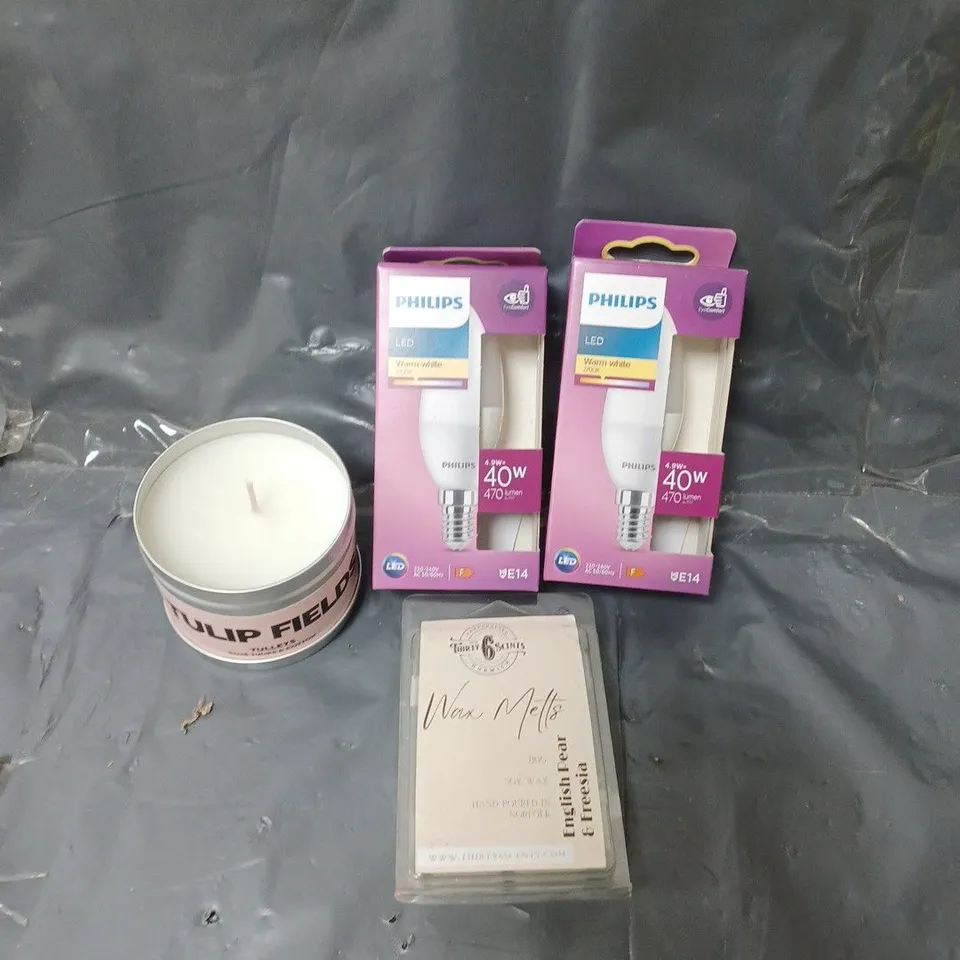 BOX OF APPROXIMATELY 15 ASSORTED HOUSEHOLD ITEMS TO INCLUDE LIGHT BULBS, WAX MELTS AND SCENTED CANDLE