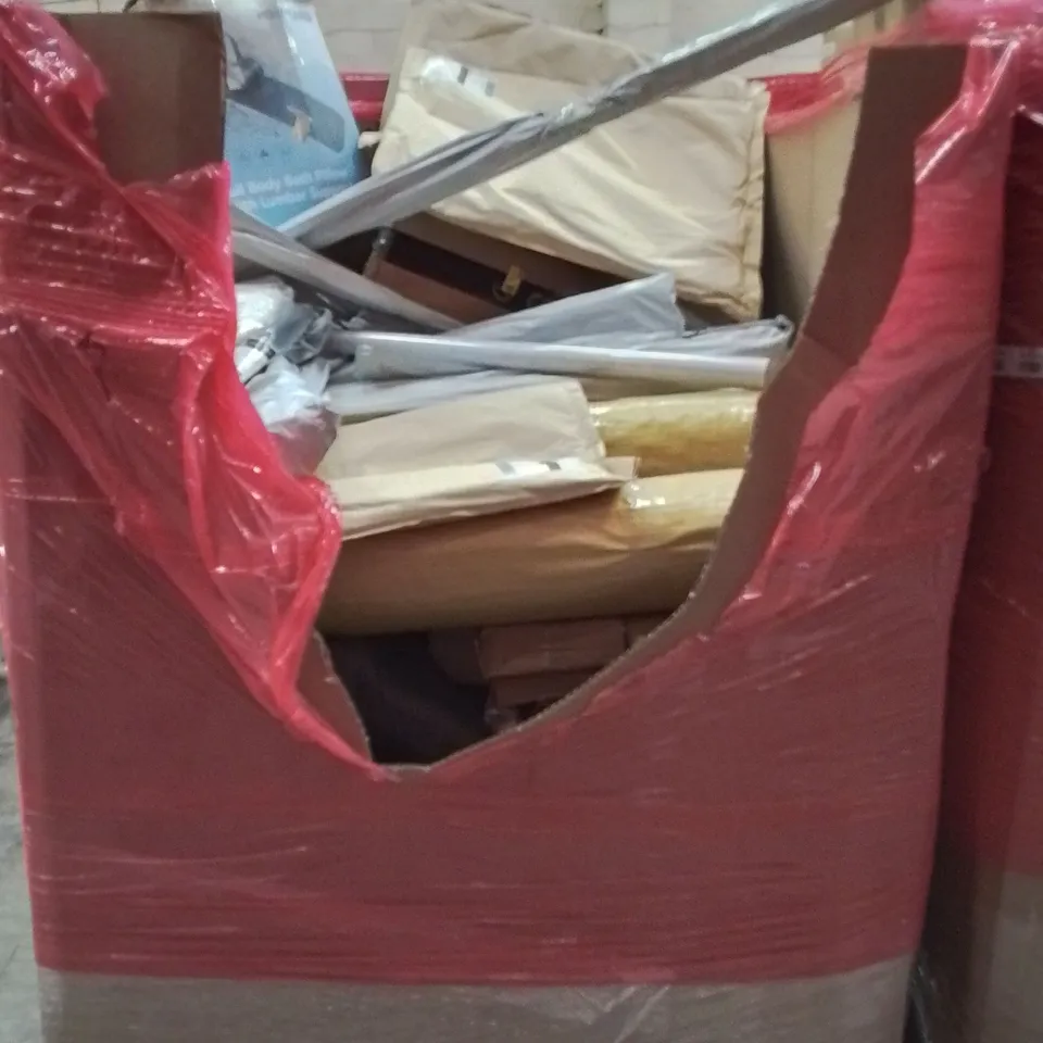 PALLET CONTAINING VARIOUS ASSORTED BOXED HOUSEHOLD ITEMS TO INCLUDE: CAR MATS, RUGS, FULL BODY BATH PILLOW, AND LOTS MORE UNMARKED BOXED ITEMS 