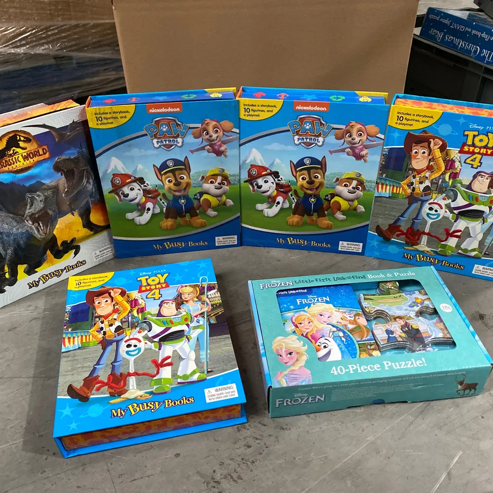 BOX OF ASSORTED ITEMS TO INCLUDE: MY BUSY BOOKS TOY STORY, JURASSIC WORLD, PAW PATROL