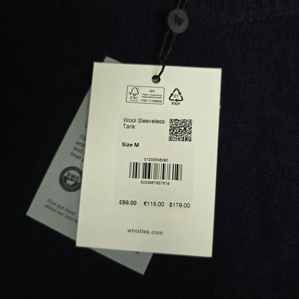 WHISTLES WOOL SLEEVELESS TANK – NAVY KNIT VEST, SIZE M (WOMEN)