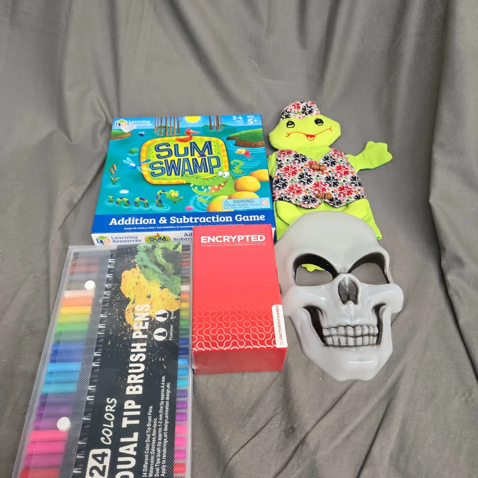 BOX OF ASSORTED TOYS AND GAMES TO INCLUDE PENS, MATHS GAME AND COSTUME MASK