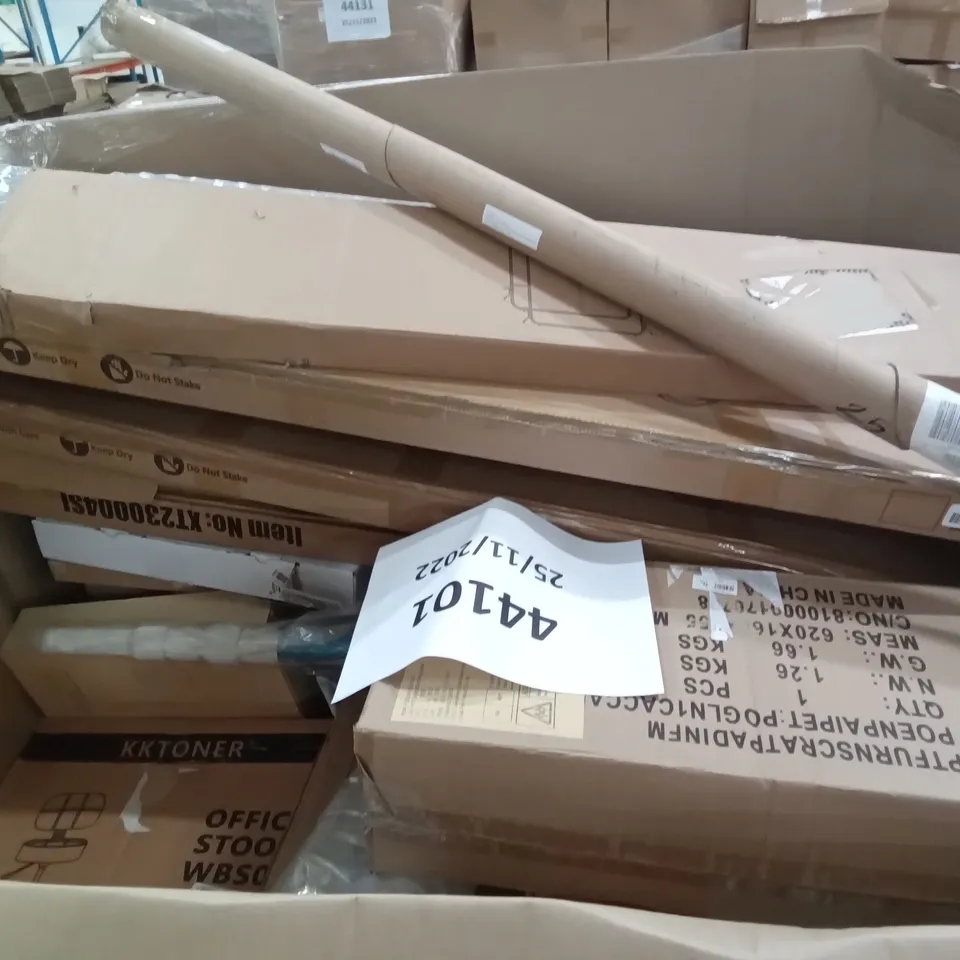 PALLET OF ASSORTED ITEMS INCLUDING STEP LADDER, PROSCENIC AIR FRYER, CLOTHES RAILS, SANHENG FOLDING GAZEBO WITH SIDES, IRONING BOARD, KKTONER OFFICE STOOL