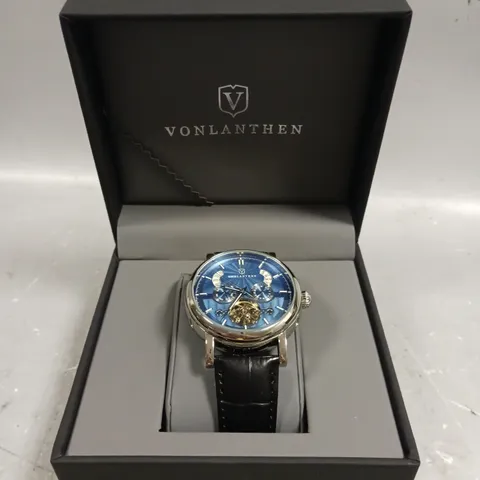 MENS VONLANTHEN AUTOMATIC WATCH – DATE YEAR SUB DIAL COMPLICATIONS – OPEN HEART MOVEMENT – GLASS EXHIBITION BACKCASE – BLACK LEATHER STRAP