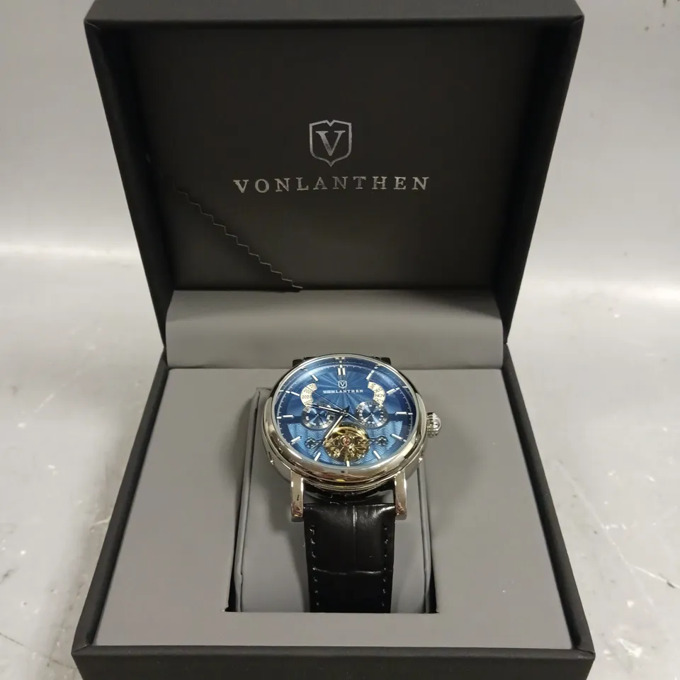 MENS VONLANTHEN AUTOMATIC WATCH – DATE YEAR SUB DIAL COMPLICATIONS – OPEN HEART MOVEMENT – GLASS EXHIBITION BACKCASE – BLACK LEATHER STRAP