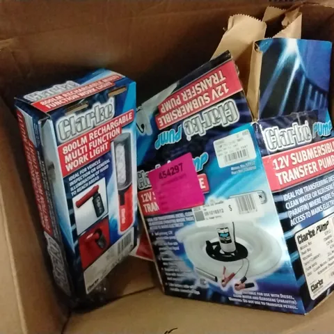 BOX TO CONTAIN ASSORTED TOOLS AND PRODUCTS TO INCLUDE;MULTIFUNCTION WORK LIGHT,TRANSFER PUMP