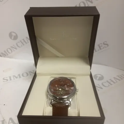 BOXED SAMUEL JOSEPH AUTOMATIC STEEL BROWN WATCH WITH LEATHER STRAP