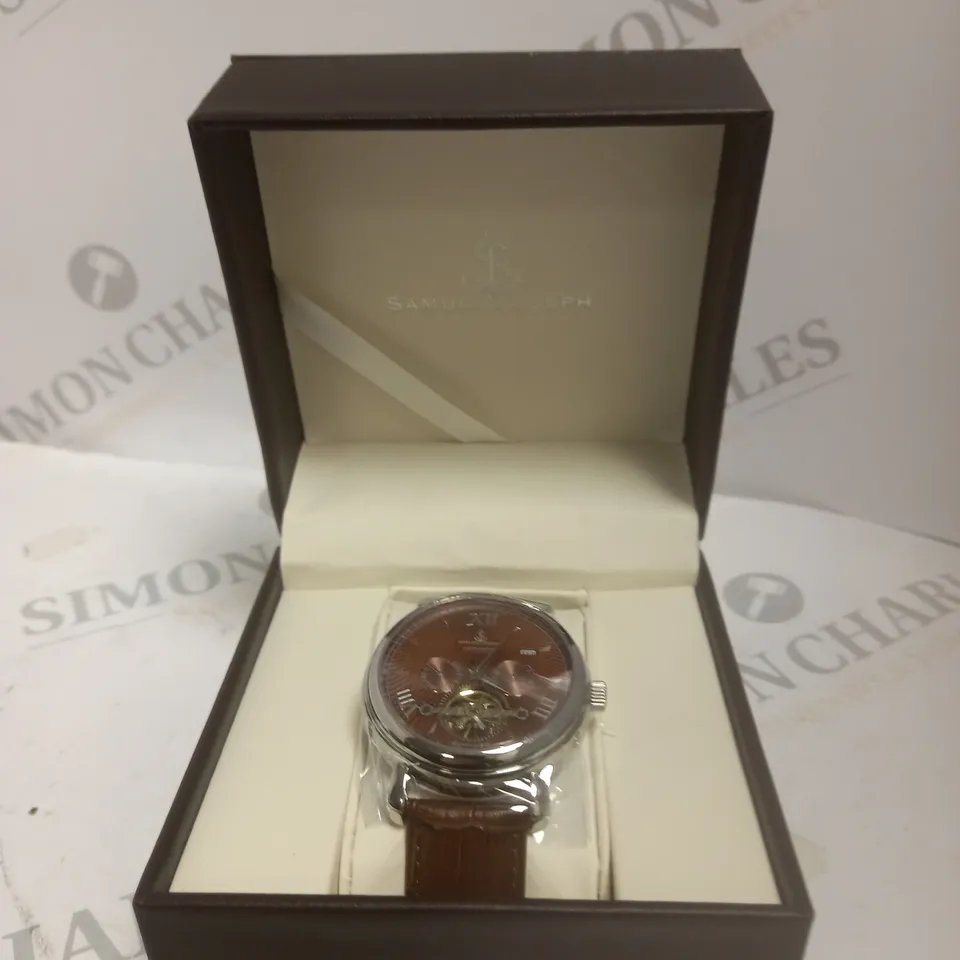 BOXED SAMUEL JOSEPH AUTOMATIC STEEL BROWN WATCH WITH LEATHER STRAP